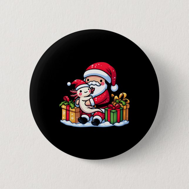 Santa Claus Hugs Axolotl Christmas Pajama Family M Button (Front)
