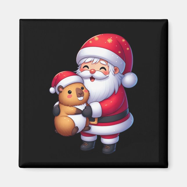 Santa Claus Hugs Capybara Funny Christmas Matching Magnet (Front)