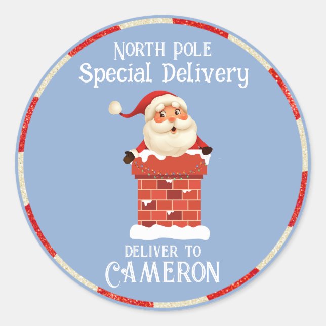 Santa Claus in a Chimney Custom Name Christmas Classic Round Sticker (Front)