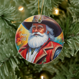 Santa Claus in a Cowboy Hat Christmas Ceramic Ornament