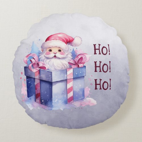 Santa Claus In A Gift Box Ho Ho Ho Round Pillow
