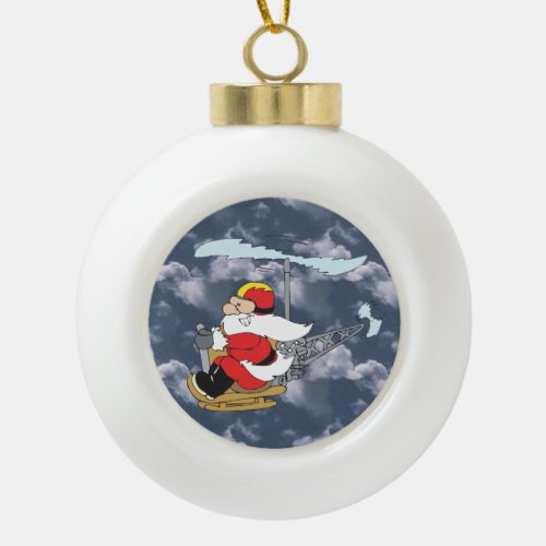 Santa Claus in a Helicopter Ceramic Ball Christmas Ornament