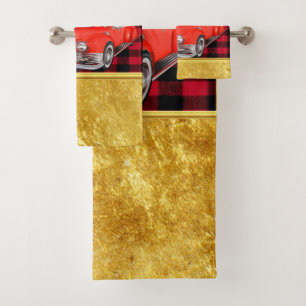 Santa Claus in a red old timer antique vintage car Bath Towel Set