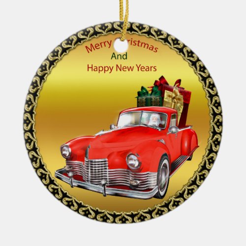 Santa Claus in a red old timer antique vintage car Ceramic Ornament