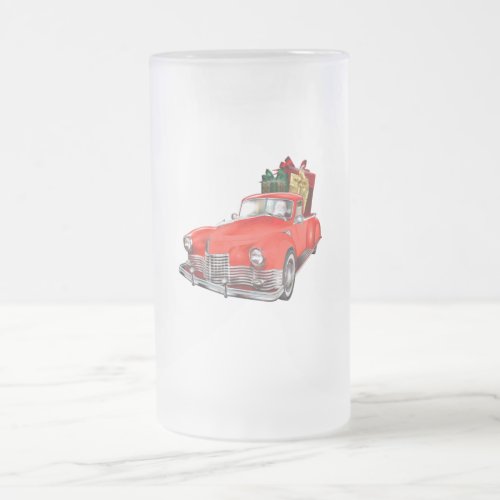 Santa Claus in a red old timer antique vintage car Frosted Glass Beer Mug