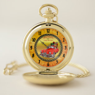 Santa Claus in a red old timer antique vintage car Pocket Watch