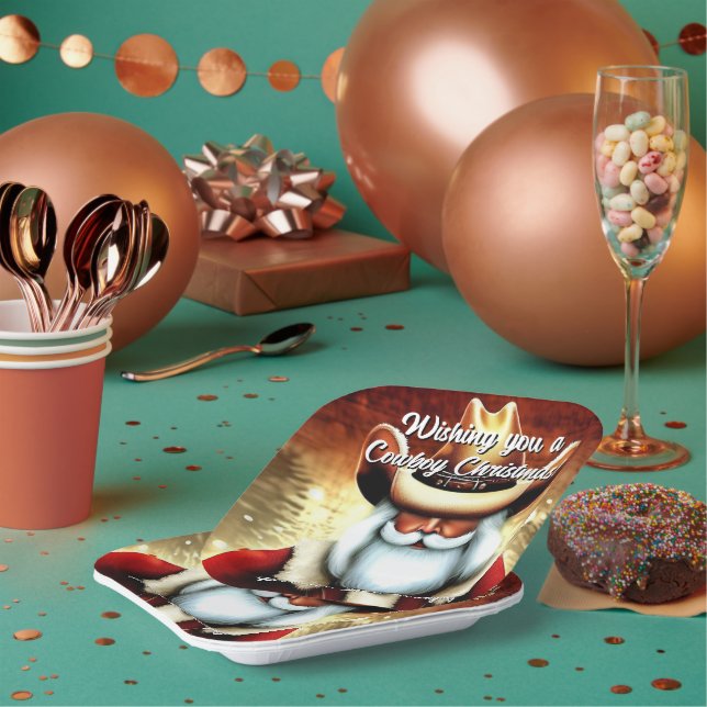 Santa Claus in a Western Hat Christmas Paper Plates (Multi)