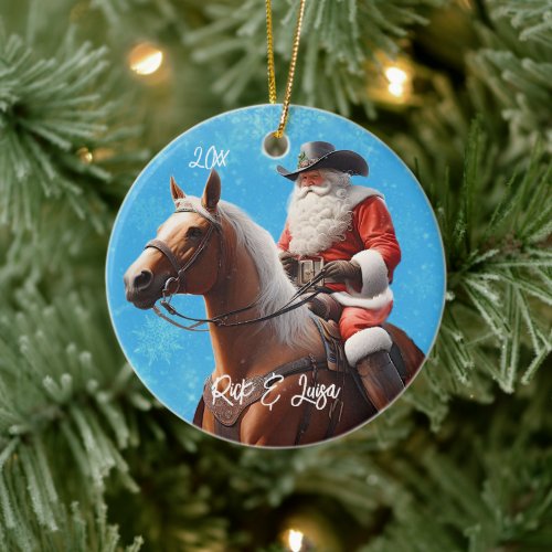 Santa Claus in a Western Hat on a Horse Christmas Ceramic Ornament