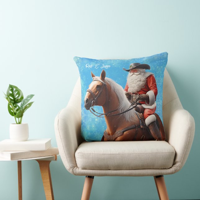 Santa Claus in a Western Hat on a Horse Christmas Throw Pillow (Chair)