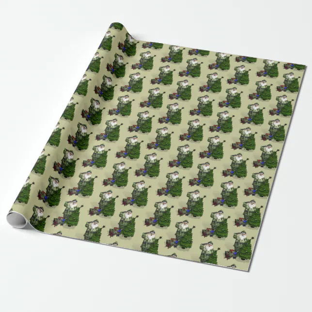 Santa Claus In Camouflage Dress Wrapping Paper (Unrolled)