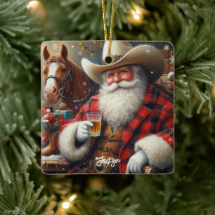 Santa Claus in Cowboy Hat Christmas Ceramic Ornament