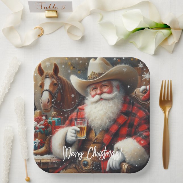  Santa Claus in Cowboy Hat Christmas Paper Plates (Wedding)