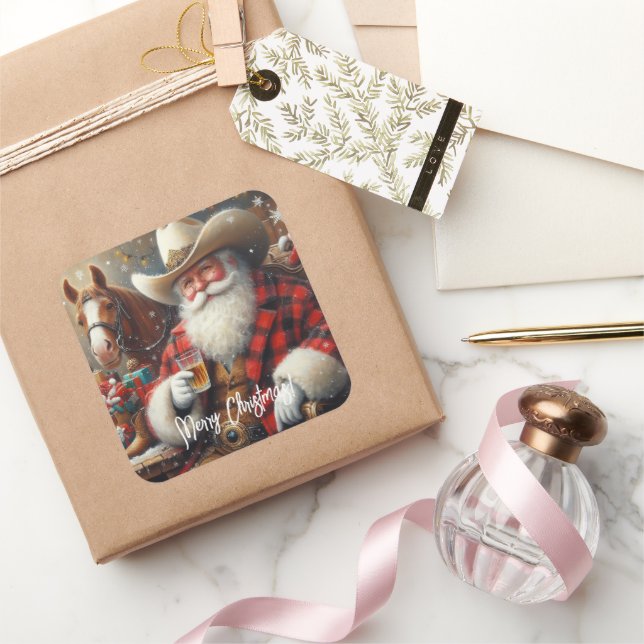  Santa Claus in Cowboy Hat Christmas Square Sticker (Gifting)