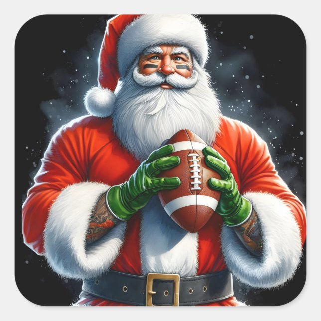 Santa Claus in Festive Attire Holding a Football Square Sticker (Front)