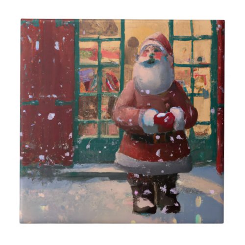 Santa Claus in Front of Toy Shop AI Art Ceramic Tile