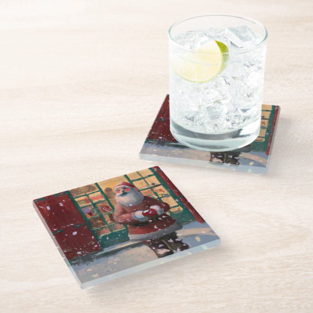 Santa Claus in Front of Toy Shop AI Art Glass Coaster (Angled)