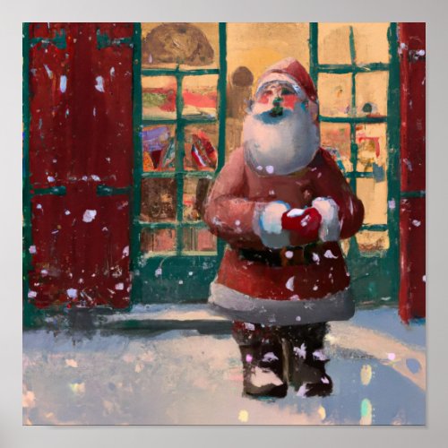 Santa Claus in Front of Toy Shop AI Art Poster