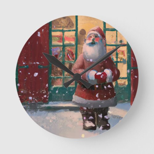 Santa Claus in Front of Toy Shop AI Art Round Clock