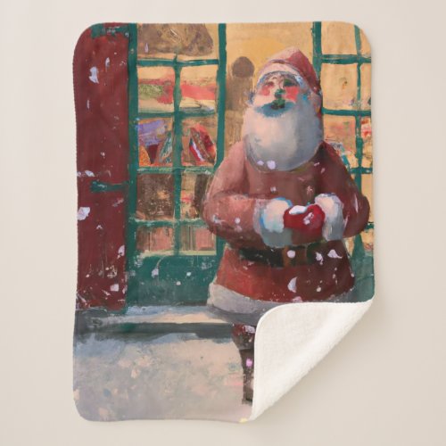 Santa Claus in Front of Toy Shop AI Art Sherpa Blanket