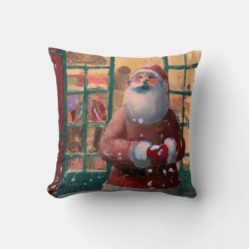 Santa Claus in Front of Toy Shop AI Art Throw Pillow