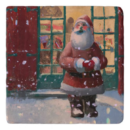 Santa Claus in Front of Toy Shop AI Art Trivet