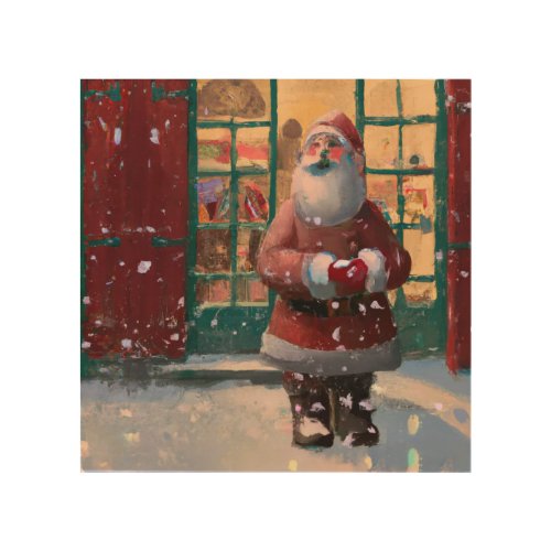 Santa Claus in Front of Toy Shop AI Wood Wall Art