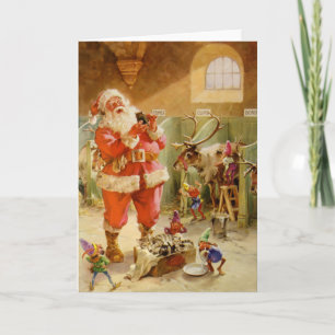 Santa Claus in his North Pole Reindeer Stables Holiday Card