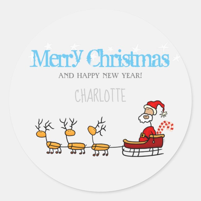 Santa Claus in his Sled with Reindeers Classic Rou Classic Round Sticker (Front)