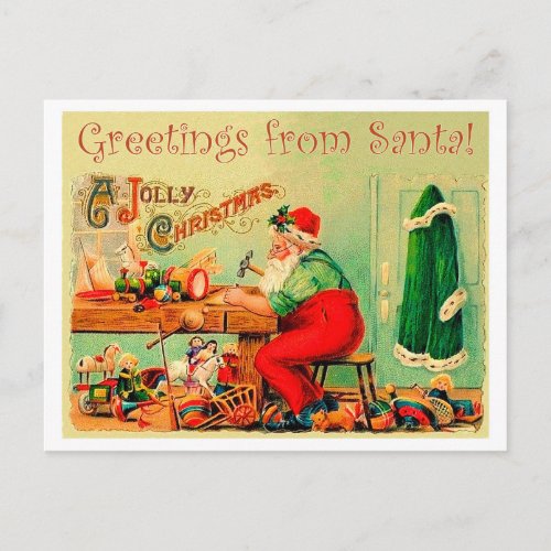 Santa Claus in his workshop vintage Christmas Postcard