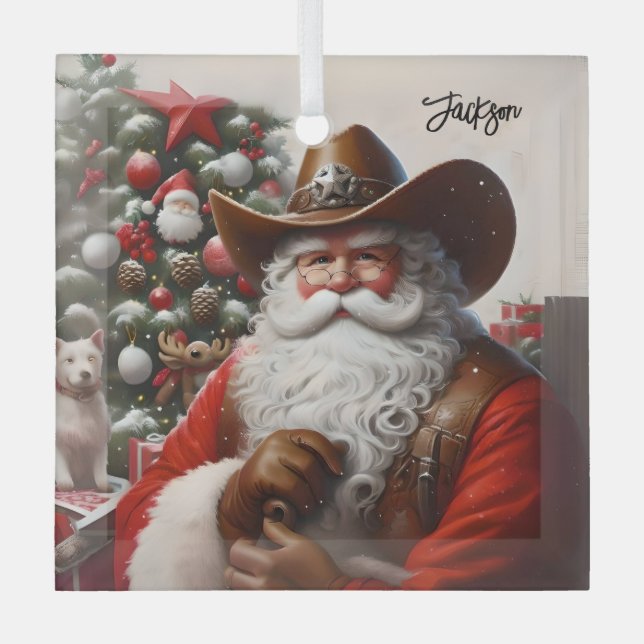  Santa Claus in Leather Cowboy Hat Christmas Glass Ornament (Front)