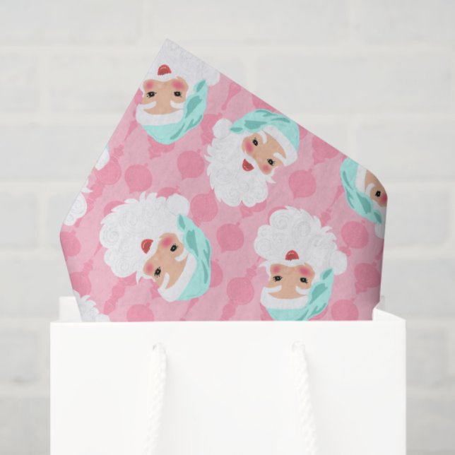 Santa Claus in Mint Green Hat Pink Retro Christmas Tissue Paper (Gift Bag)