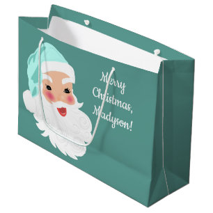 Santa Claus in Mint Green Hat Vintage Christmas Large Gift Bag