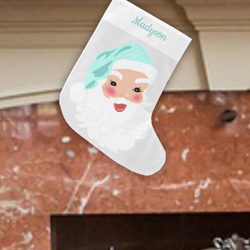 Santa Claus in Mint Green Hat Vintage Large Christmas Stocking