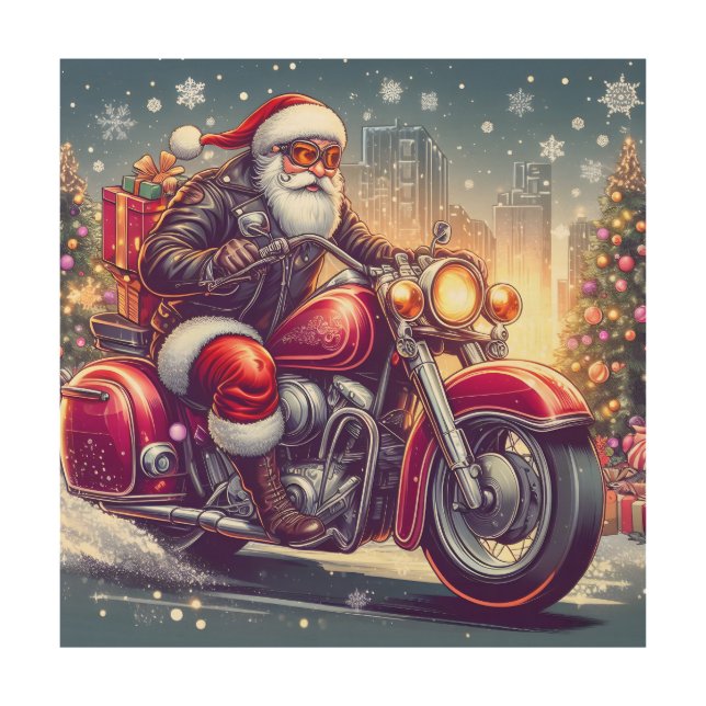 Santa Claus in motorcycle mode Wood Wall Art (Front)