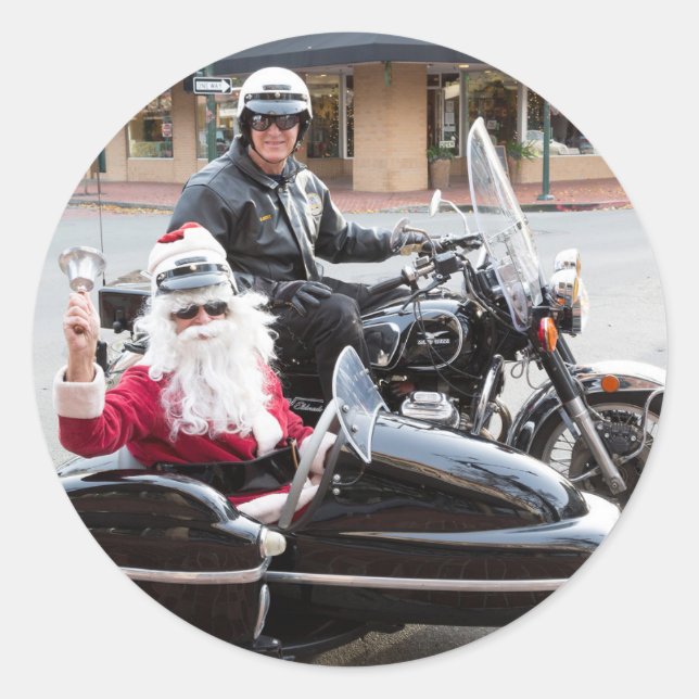 Santa Claus in motorcycle sidecar Classic Round Sticker (Front)