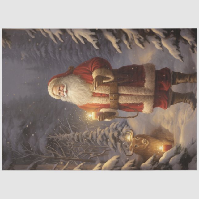 Santa Claus in nigh forest with reindeer and light Tissue Paper (Front)