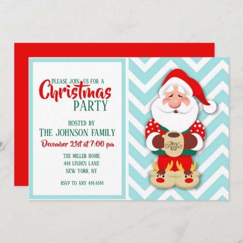 Santa claus in red pajamas holding a mug         invitation