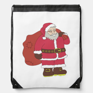 Santa Claus in red with gift bag and eyeglasses