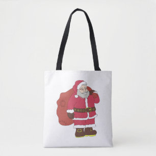 Santa Claus in red with gift bag and eyeglasses