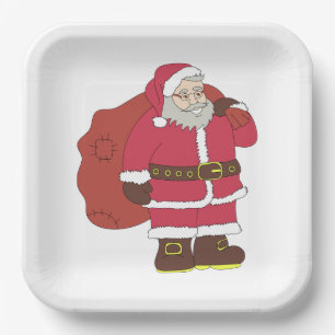 Santa Claus in red with gift bag and eyeglasses Paper Plates