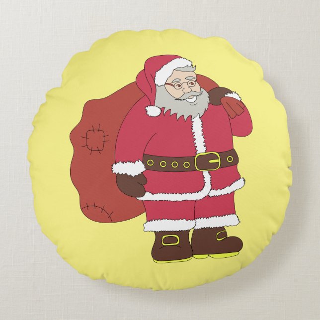 Santa Claus in red with gift bag and eyeglasses  Round Pillow (Front)