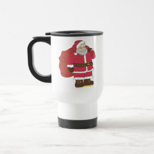Santa Claus in red with gift bag and eyeglasses   Travel Mug