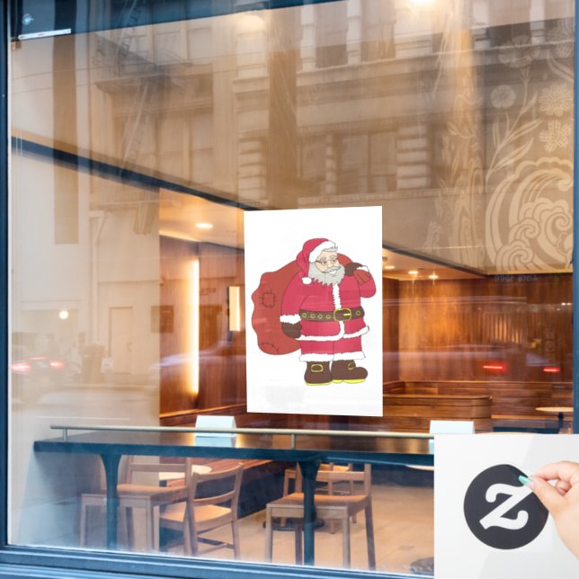 Santa Claus in red with gift bag and eyeglasses  Window Cling (Cafe Window)