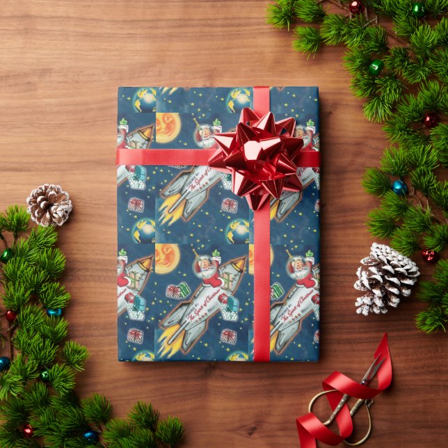 Santa Claus in Rocket Ship Earth Moon Stars Wrapping Paper (Holiday Gift)