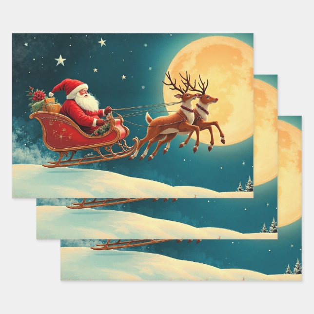 Santa Claus in Sleigh Wrapping Paper Sheets (Set)
