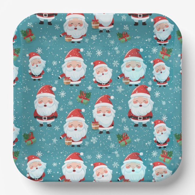 Santa Claus In Snowflakes Paper Plates (Front)