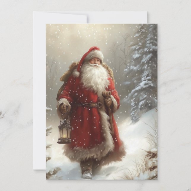 Santa Claus in Snowy Forest Happy Holidays Flat Card (Front)