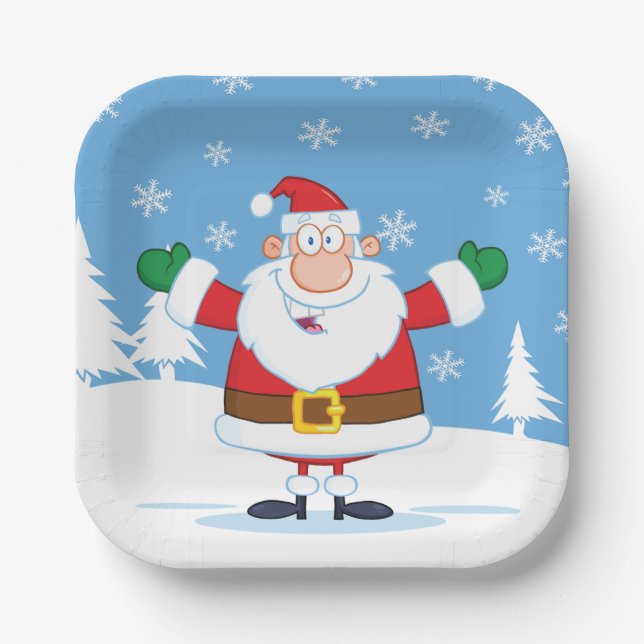 Santa Claus in Snowy Winter Scene Paper Plates (Front)