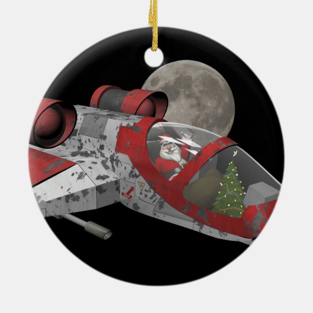 Santa Claus In Spaceship Ceramic Ornament (Back)