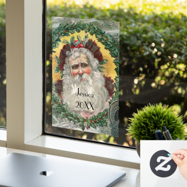Santa Claus in the Middle of a Christmas Wreath Window Cling (Office)